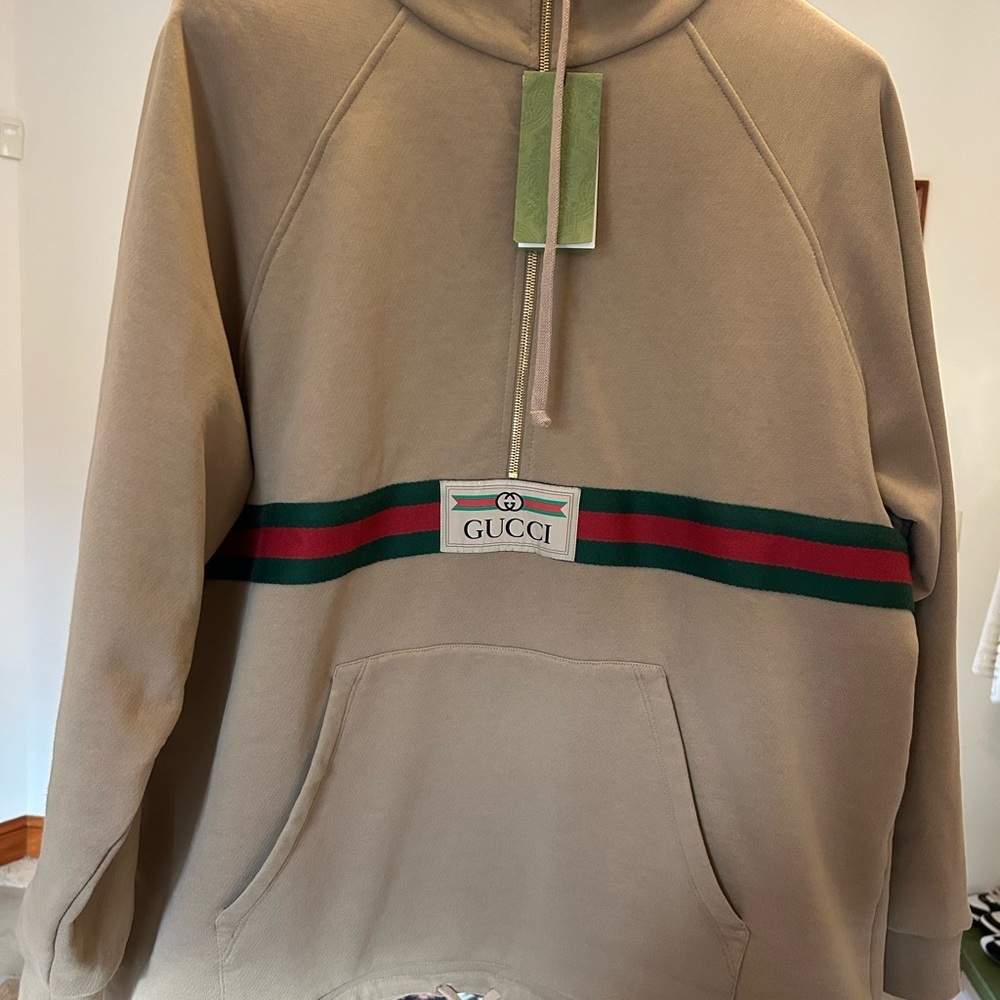 Men's Gucci web striped half zip cotton hoodie size XXL made in Italy NWT - Picture 2 of 10